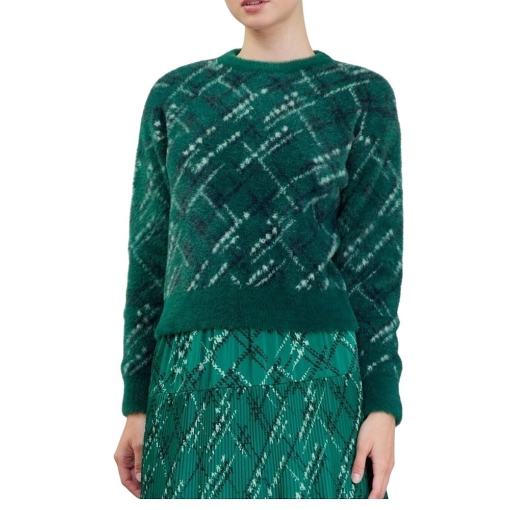 Current Air Emerald Green Argyle Sweater Fuzzy Knit Pullover Crewneck Women.